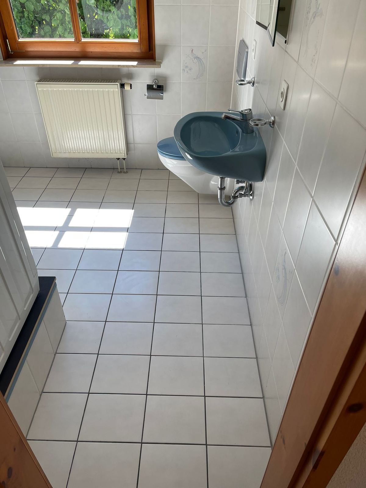 Frisch gereinigtes Badezimmer mit blauen Fliesen