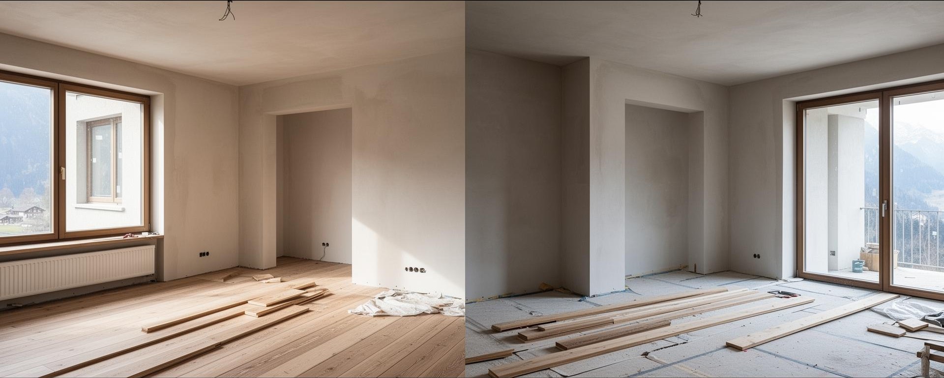 Renovation in Ausführung – frisch verputzte Wände und neuer Parkettboden