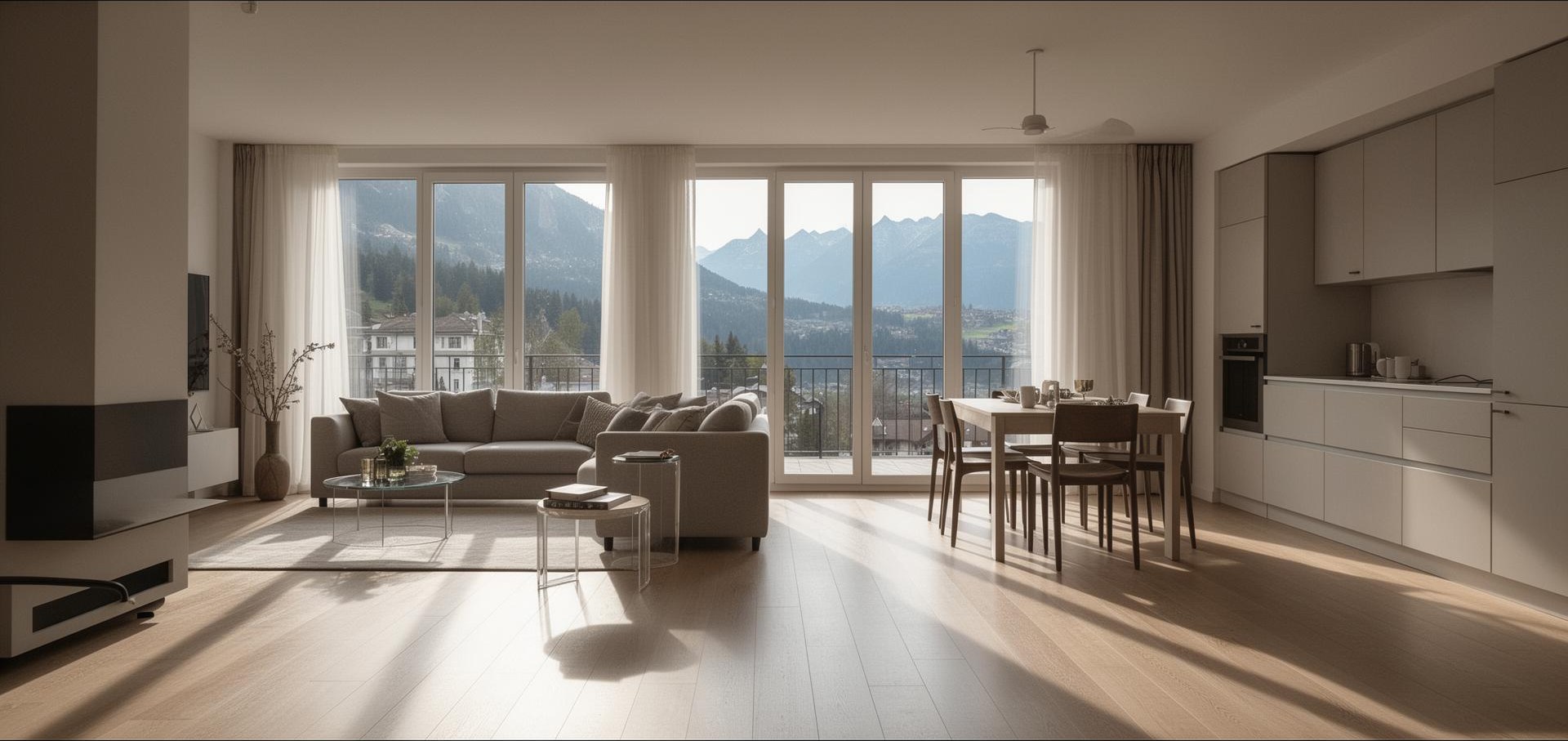 Helles, frisch gereinigtes Wohnzimmer mit Bergblick